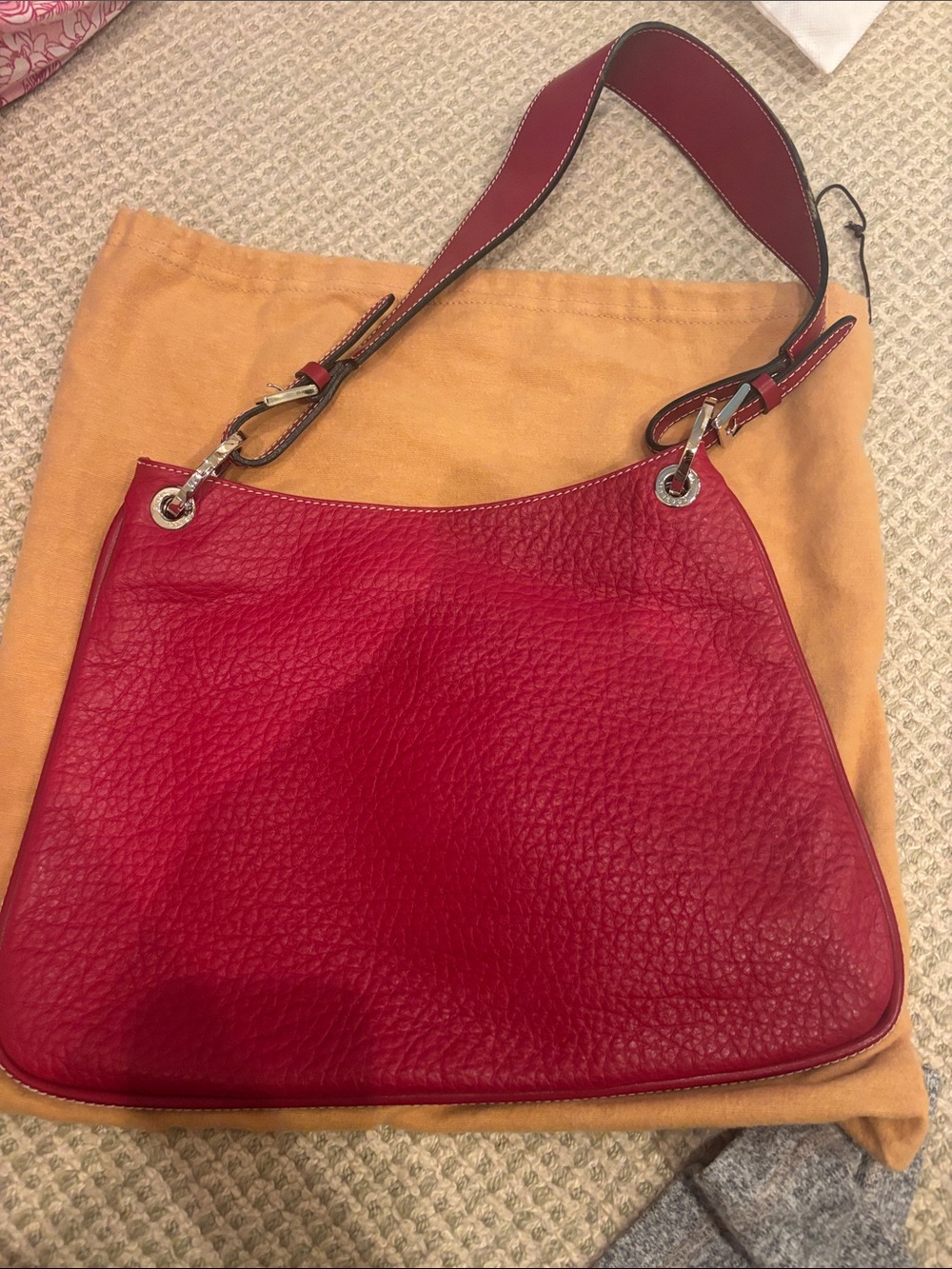 Classic Red Pebbled Leather Shoulder Bag with Wide Strap